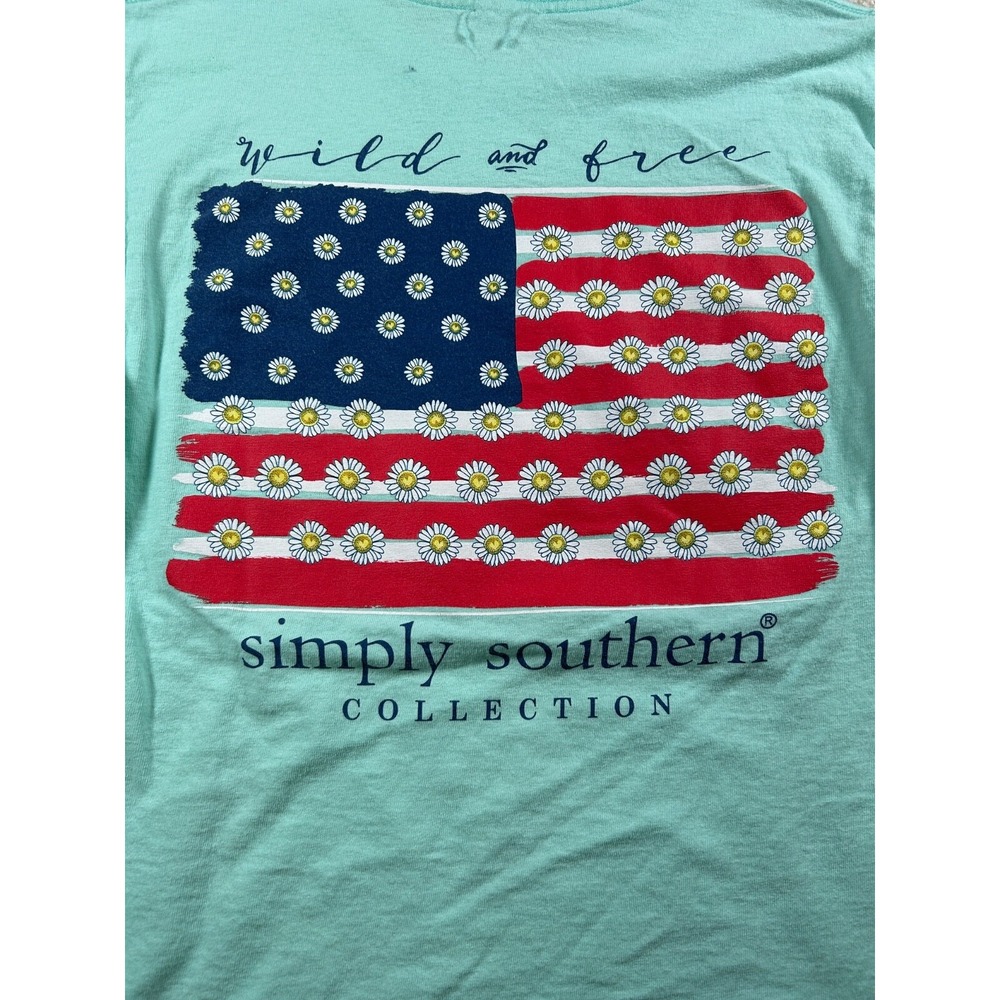 Simply Southern Womens S Turquoise Short Sleeve Tshirt Flag Floral Wild And Free